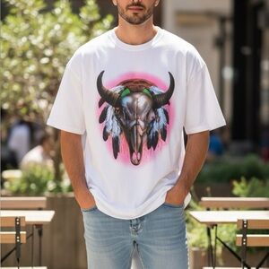 90s Delta White Graphic T-Shirt with Bull Skull Design